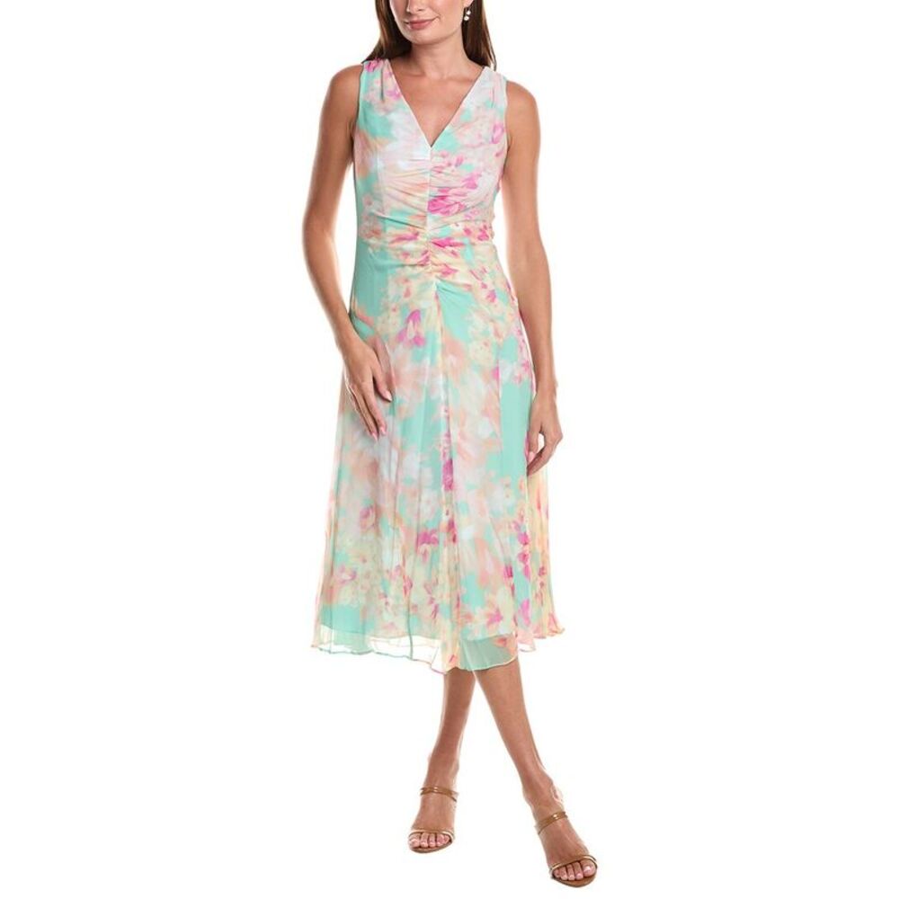 Teri Jon By Rickie Freeman Womens  Chiffon Print V-Neck Ruched Front Silk Midi